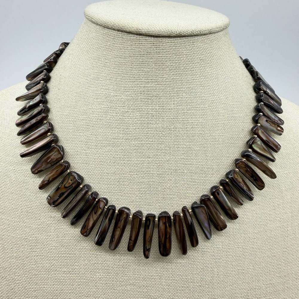 Statement Iridescent Shell Tube Bead Necklace Boho Earth Tone Chic Jewelry Gift